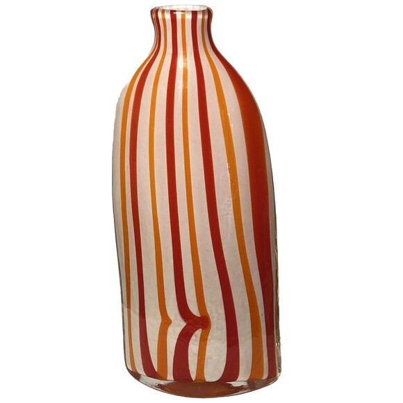 Art Glass Vase Vintage Tall Bottle Stripe White Red Orange Decorative Modern 13" - Picture 2 of 4